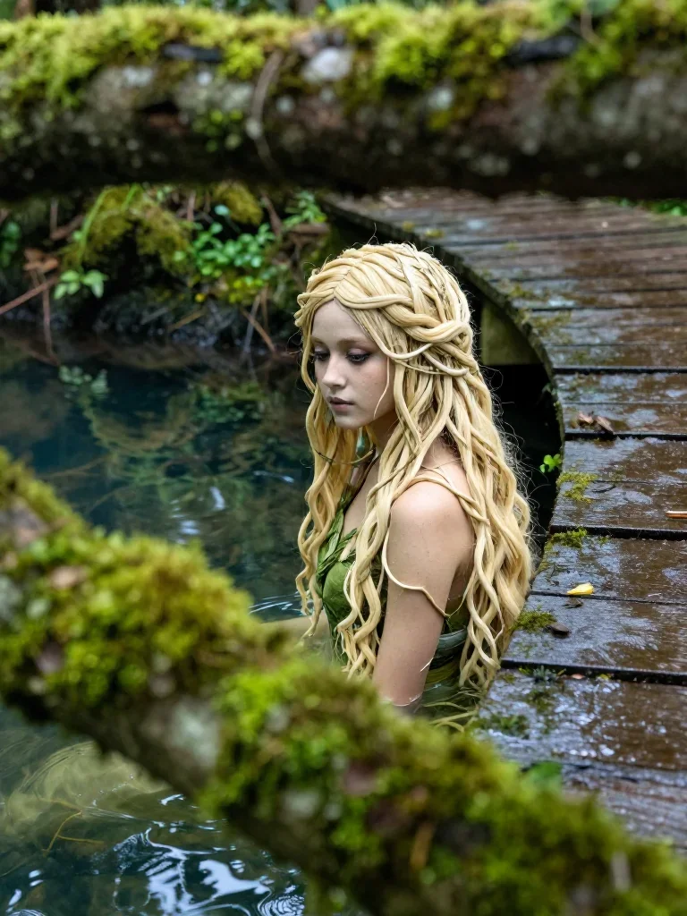 a dryad with vine-woven hair in a forest pool in a coy glance from under lowered lashes, on a storm-washed boardwalk, Na