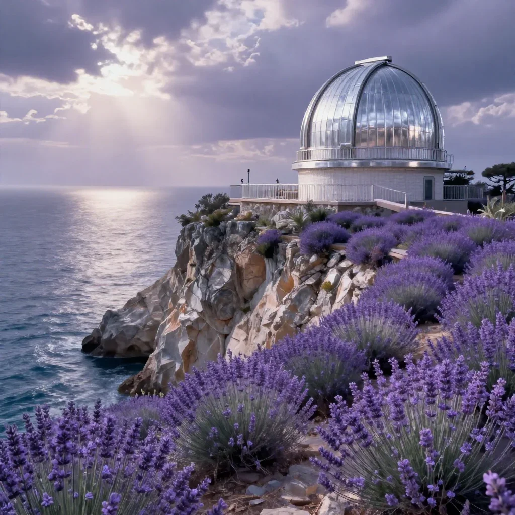 a cliffside observatory in a gentle sea breeze, dreamlike fine-art landscape photography, atmospheric depth, lavender an