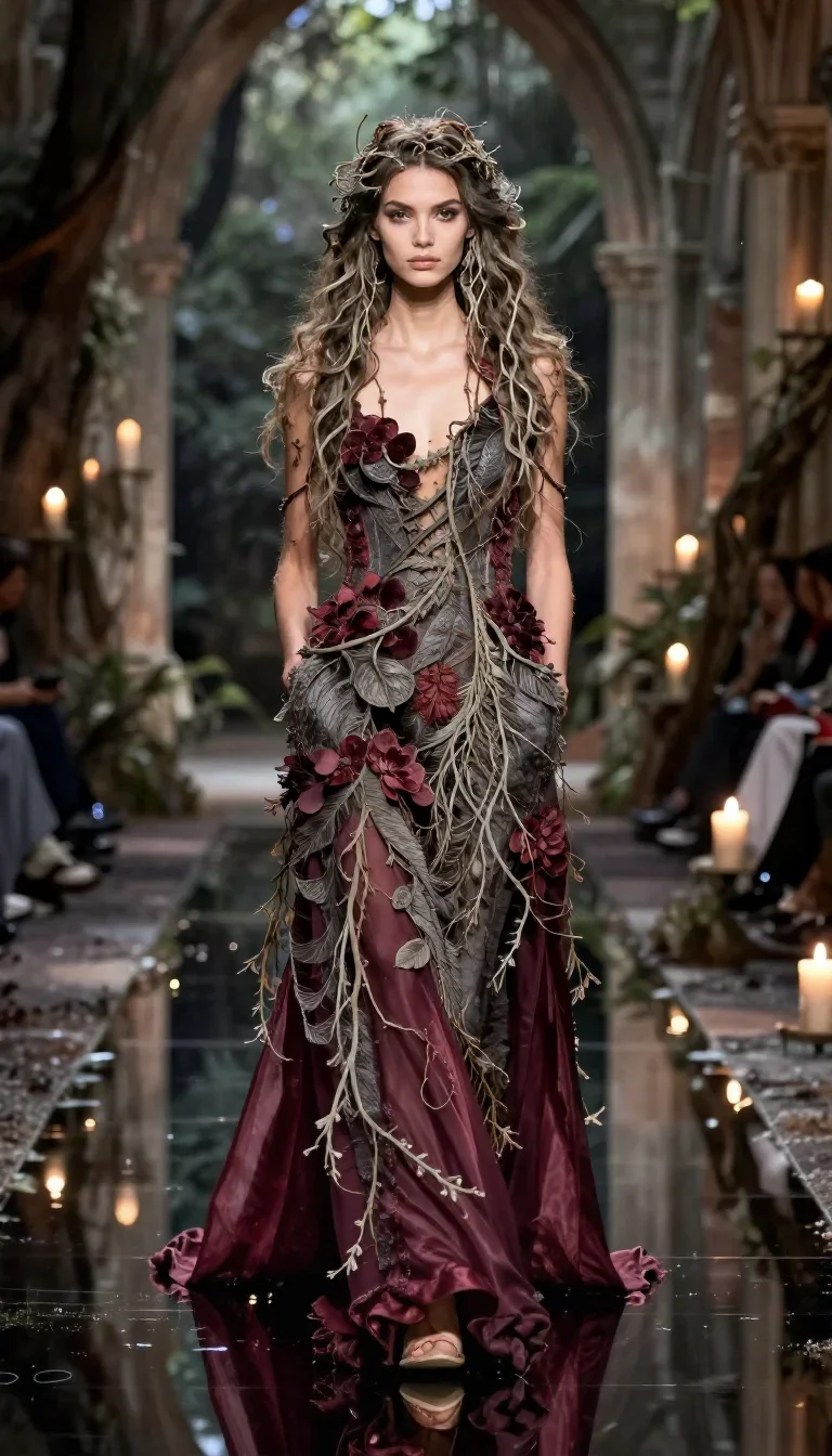 a dryad with vine-woven hair in a forest pool standing tall with hands in pockets, in a candle-lit cathedral ruin, high-