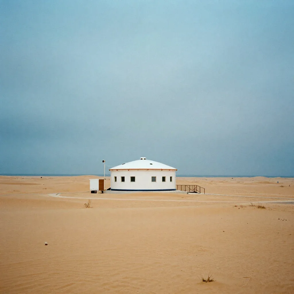 a desert research station under overcast coastal light, refined editorial travel photography, subtle film grain, cobalt
