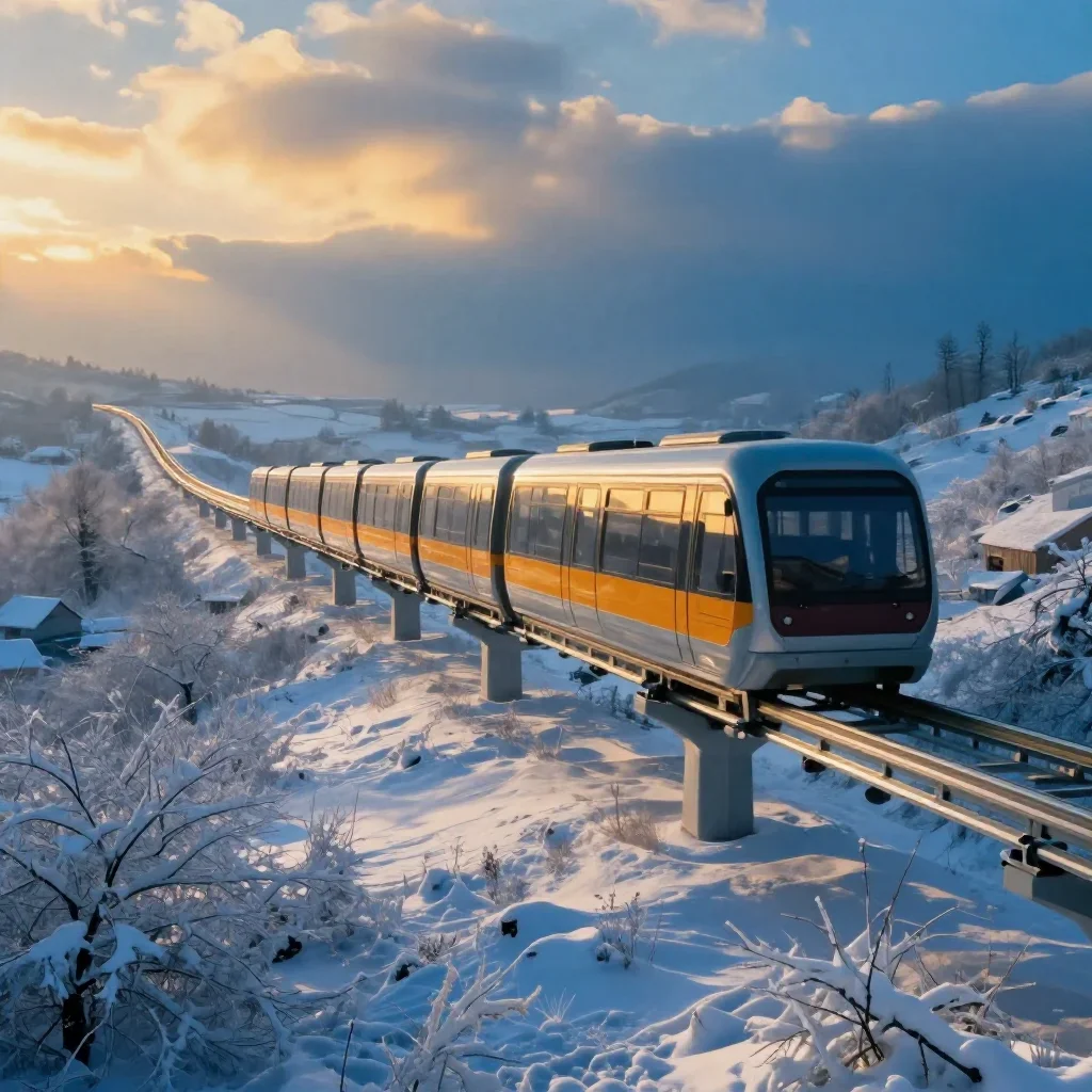a glass monorail in crisp winter sunlight, dreamlike fine-art landscape photography, atmospheric depth, cobalt and amber