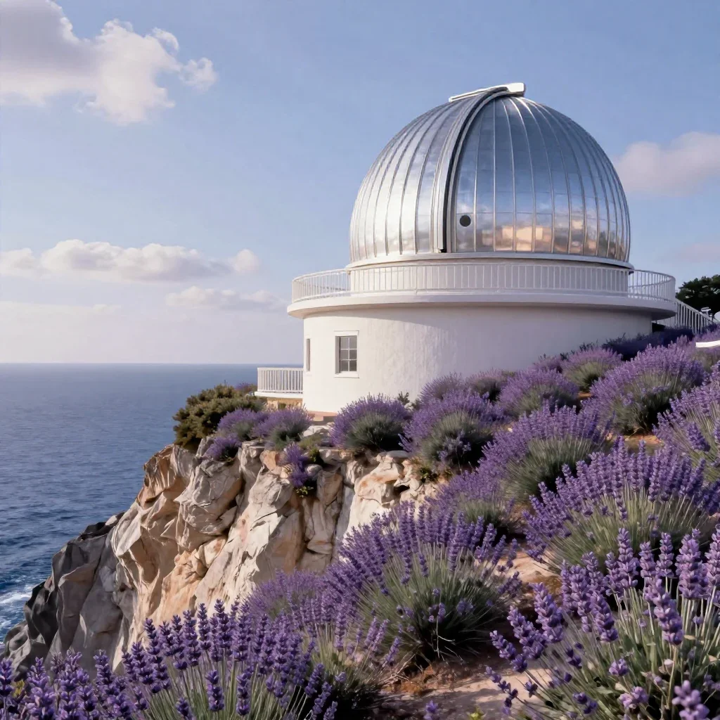 a cliffside observatory in a gentle sea breeze, cinematic architectural photography, clean natural textures, lavender an