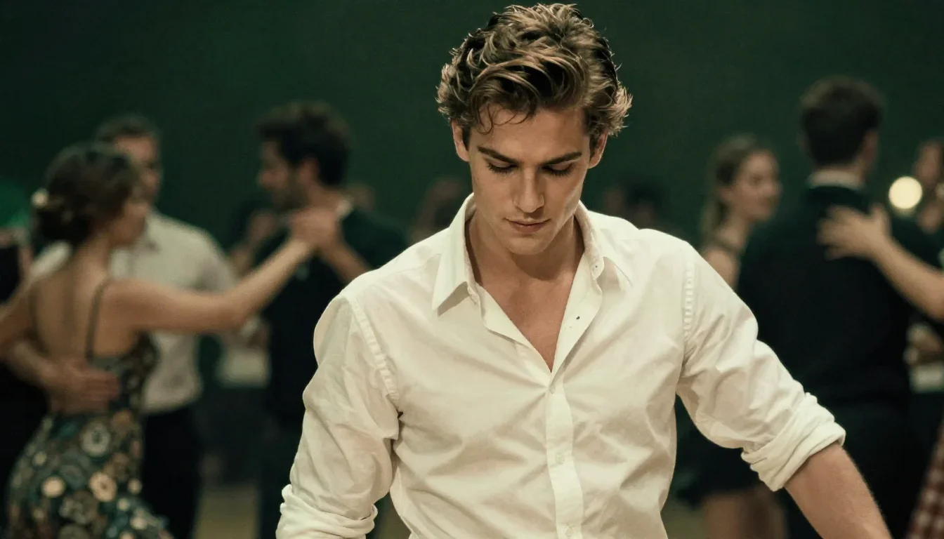 a handsome man in a rolled-sleeve white shirt in a coy glance from under lowered lashes, on a midnight dance floor, drea