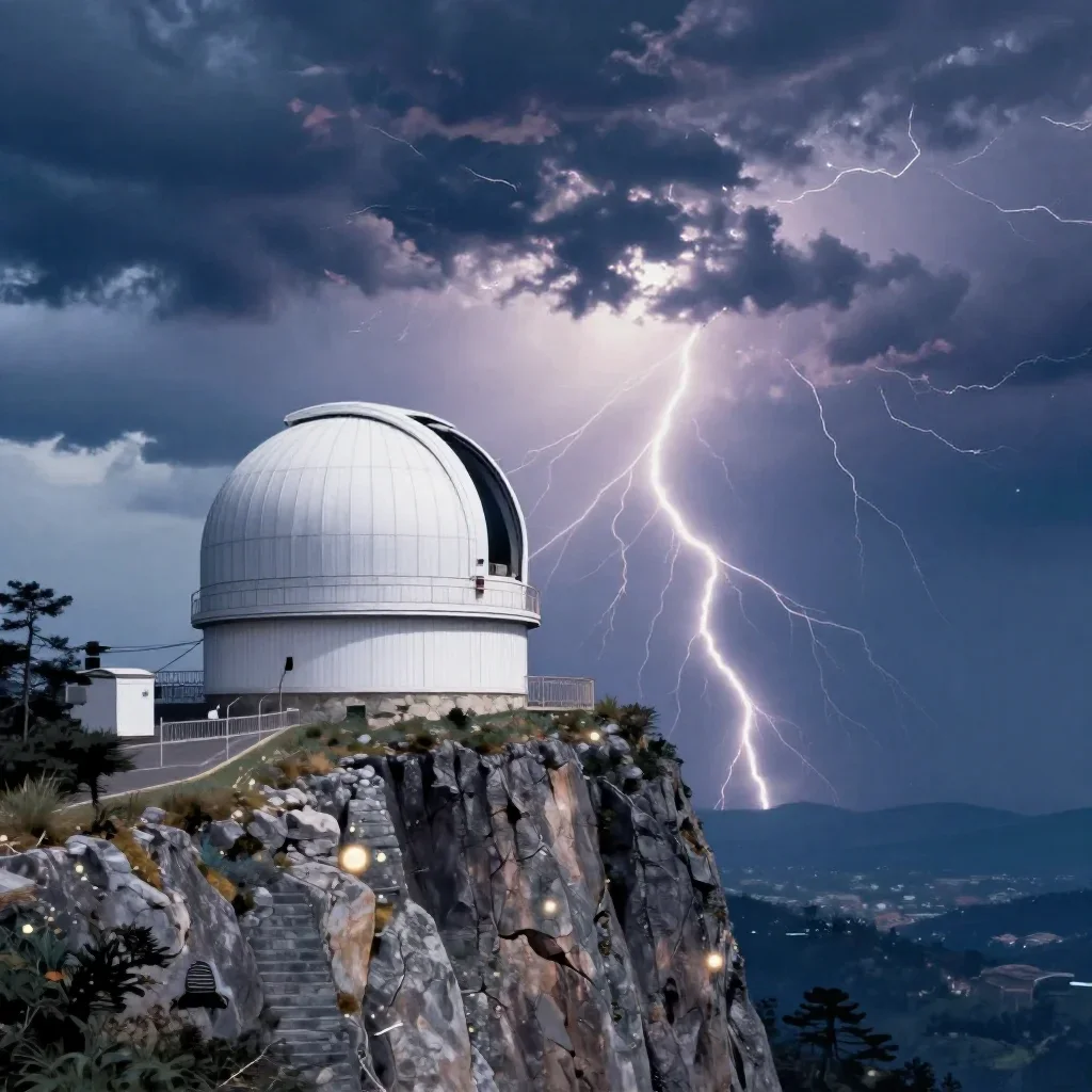 a cliffside observatory after a distant thunderstorm, Japanese woodblock-inspired editorial art, soft volumetric light, 