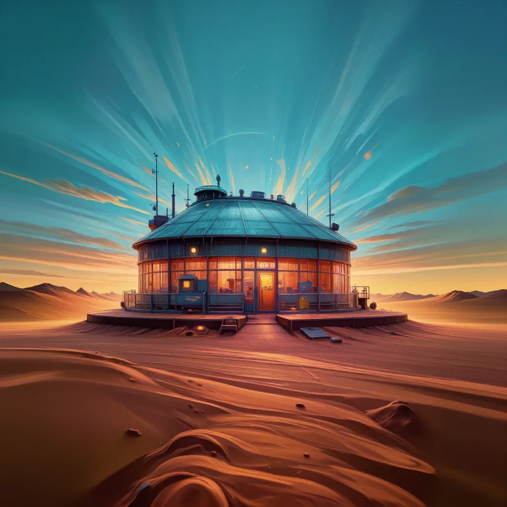 a desert research station at blue hour, modernist poster illustration, restrained color harmony, terracotta and pale sky