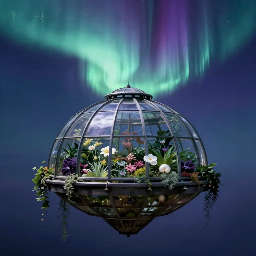 a floating botanical conservatory beneath an aurora, quiet science-fiction concept art, calm negative space, indigo and