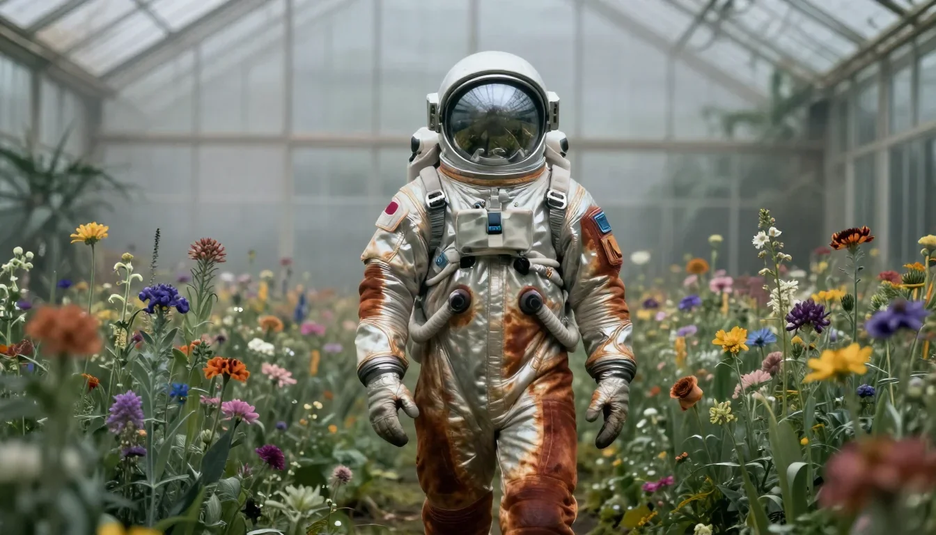 an astronaut in a reflective bodysuit among wildflowers standing tall with hands in pockets, in a greenhouse humid with 