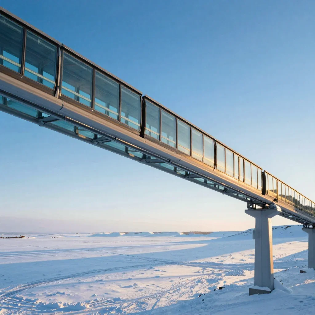 a glass monorail in crisp winter sunlight, cinematic architectural photography, calm negative space, ice blue and warm c