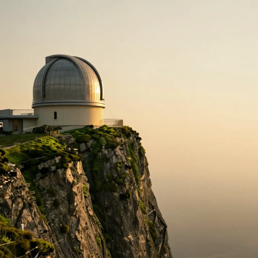 a cliffside observatory during golden hour, quiet science-fiction concept art, calm negative space, moss green and cream