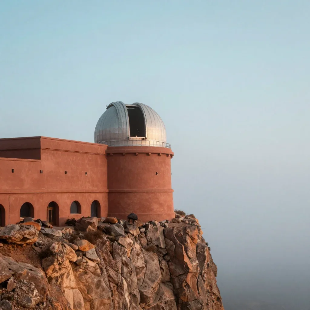 a cliffside observatory under soft dawn fog, cinematic architectural photography, restrained color harmony, terracotta a