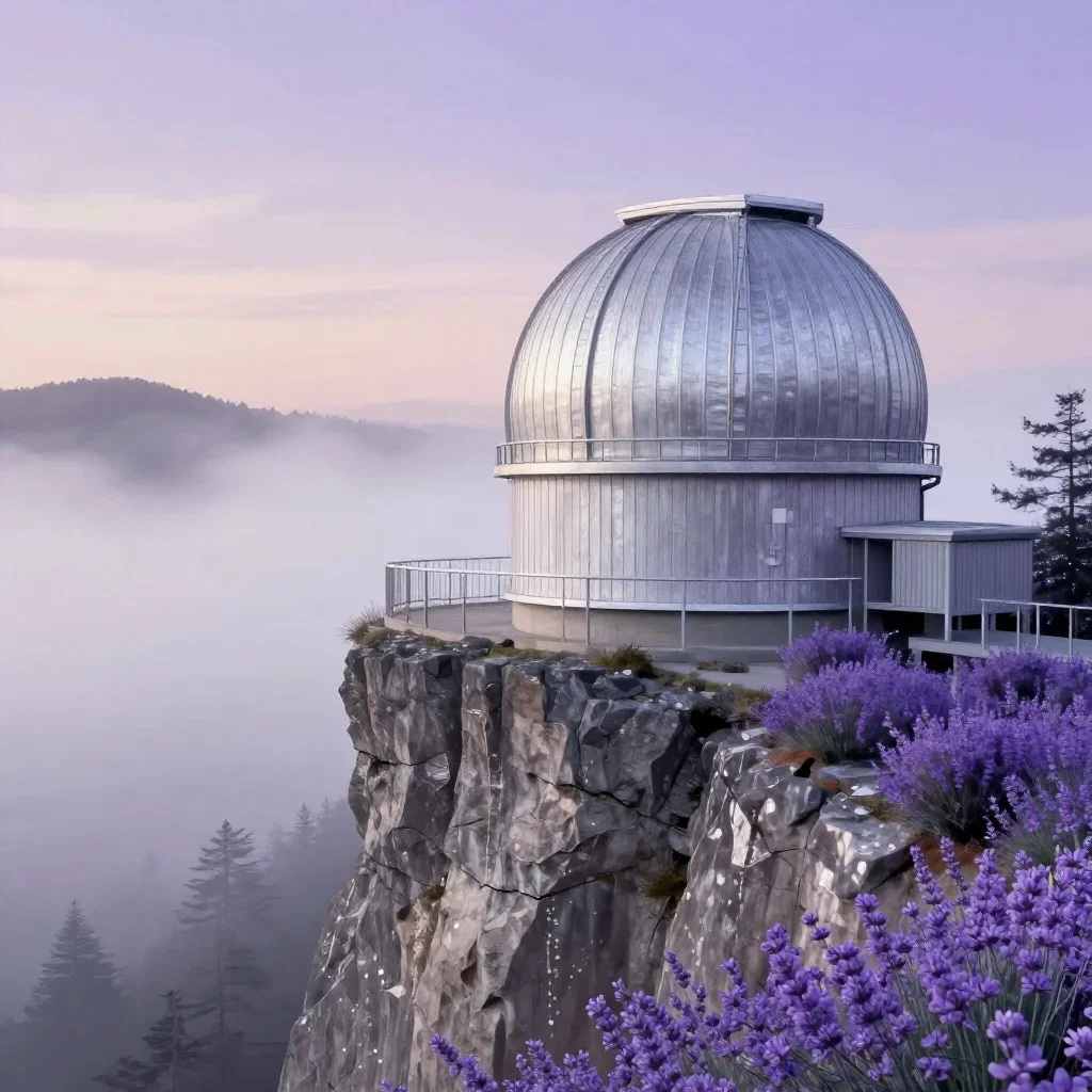 a cliffside observatory under soft dawn fog, Japanese woodblock-inspired editorial art, clean natural textures, lavender