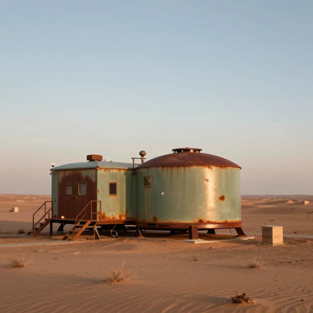 a desert research station in quiet late-afternoon haze, museum-quality still-life photography, calm negative space, rust