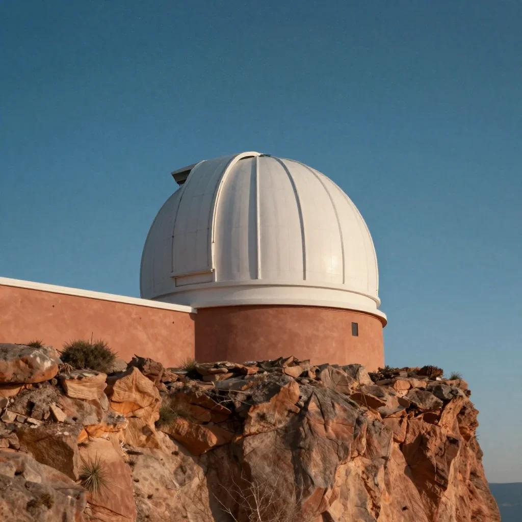 a cliffside observatory beneath a star-filled sky, cinematic architectural photography, clean natural textures, terracot