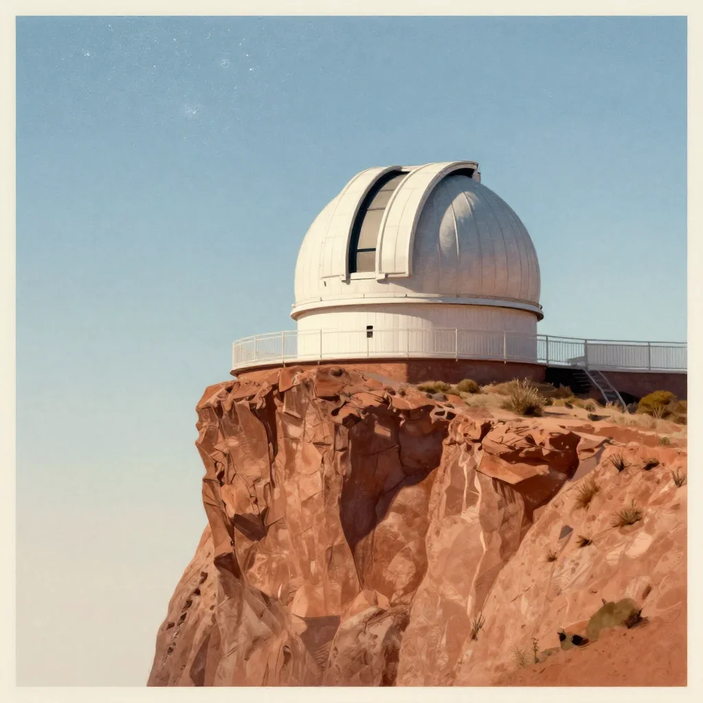 a cliffside observatory beneath a star-filled sky, modernist poster illustration, subtle film grain, terracotta and pale