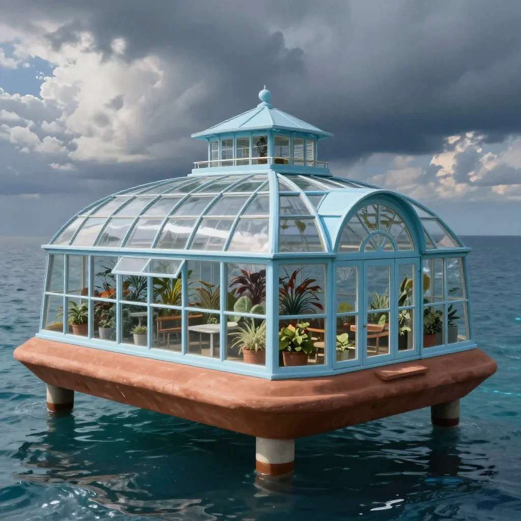 a floating botanical conservatory in a gentle sea breeze, quiet science-fiction concept art, crisp material detail, terr