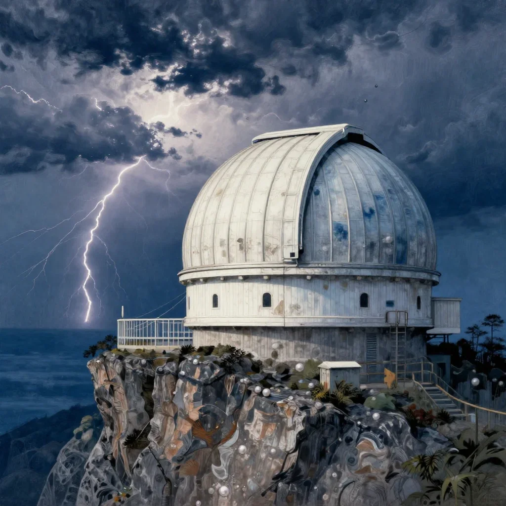 a cliffside observatory after a distant thunderstorm, Japanese woodblock-inspired editorial art, weathered tactile surfa