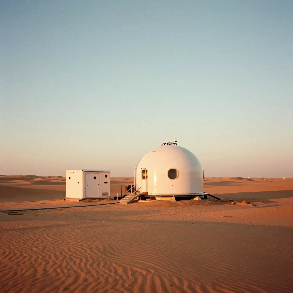 a desert research station during golden hour, soft-grain analog film photography, gentle reflected light, terracotta and