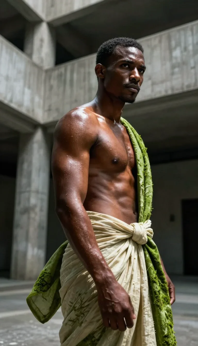 a chiseled athlete in dramatic rim light, oiled skin mid-turn with fabric catching the light, in a brutalist concrete at
