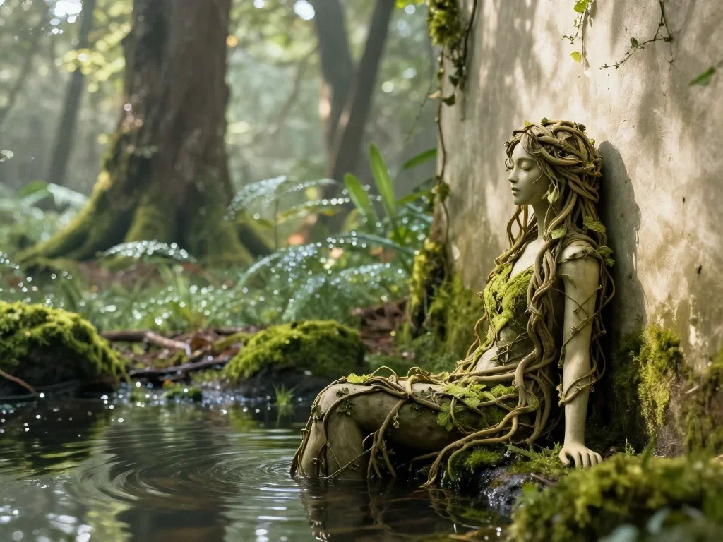 a dryad with vine-woven hair in a forest pool in a wind-swept lean against a wall, in a dewy forest clearing, National G