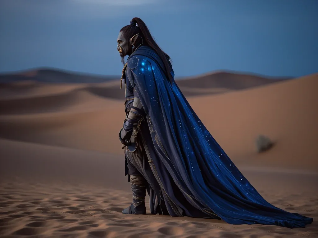 a sorceress in a star-lit midnight cloak in a dramatic three-quarter profile, in a silent desert at twilight, National G
