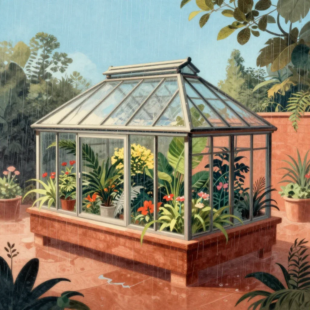 a floating botanical conservatory after warm summer rain, Japanese woodblock-inspired editorial art, atmospheric depth, 