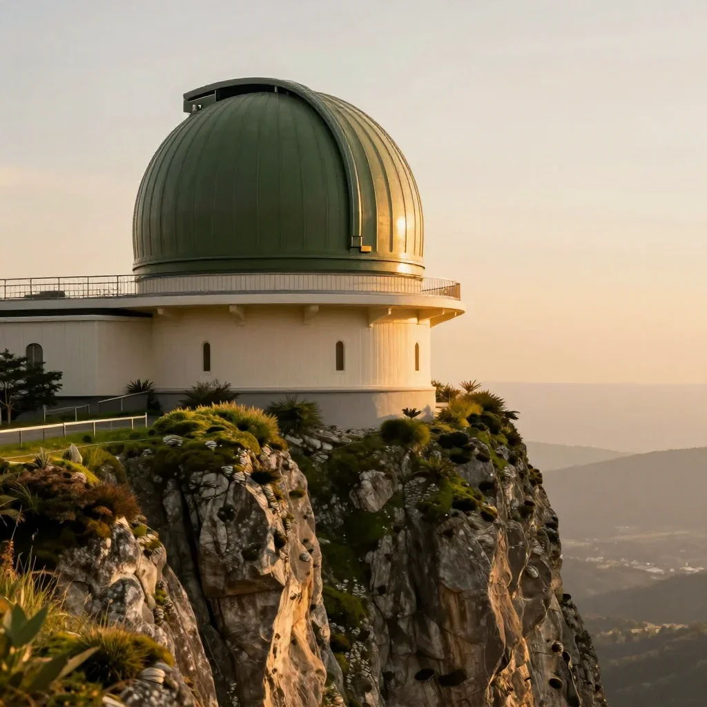 a cliffside observatory during golden hour, cinematic architectural photography, soft volumetric light, moss green and c