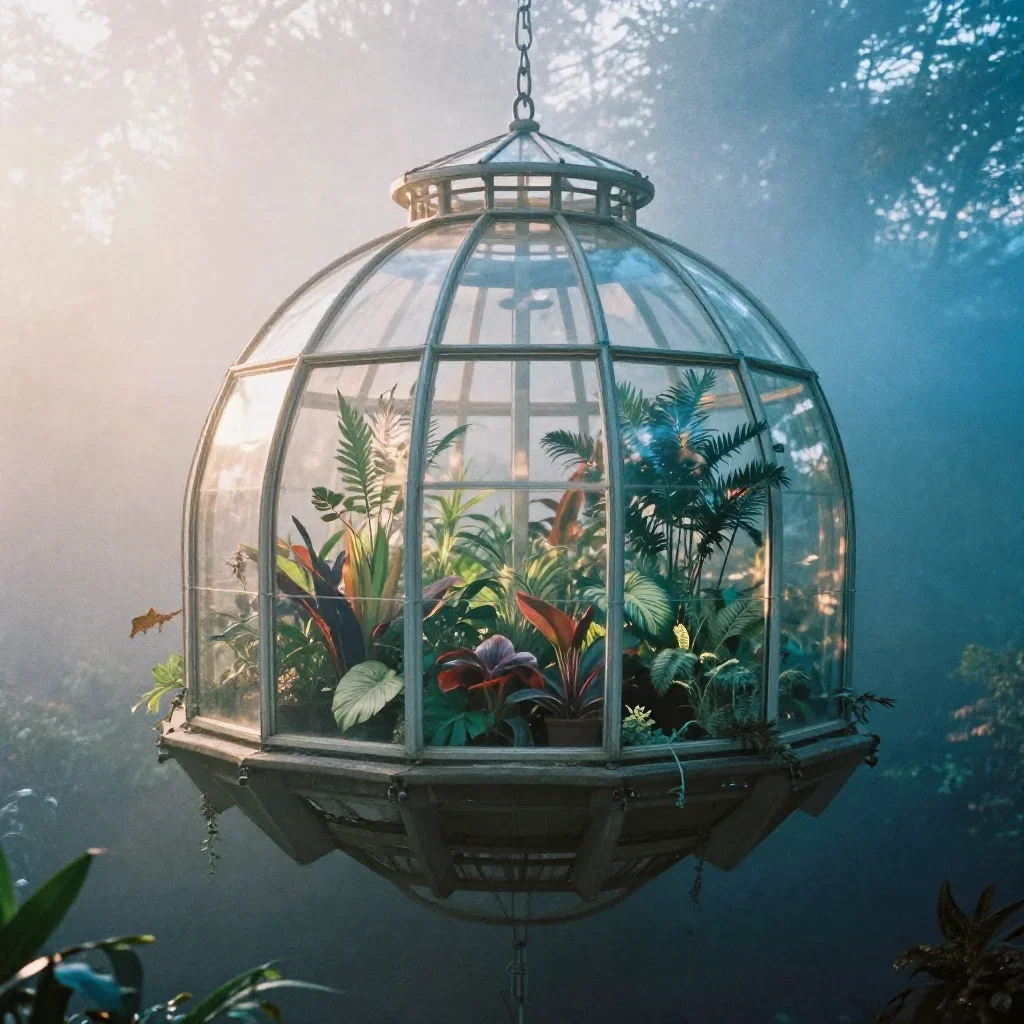 a floating botanical conservatory in quiet late-afternoon haze, soft-grain analog film photography, soft volumetric ligh