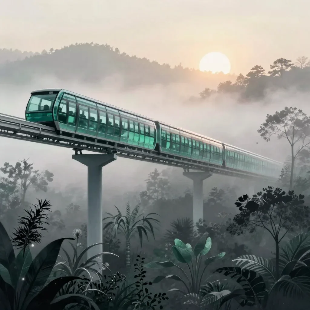 a glass monorail under soft dawn fog, contemporary botanical illustration, atmospheric depth, jade and charcoal palette,