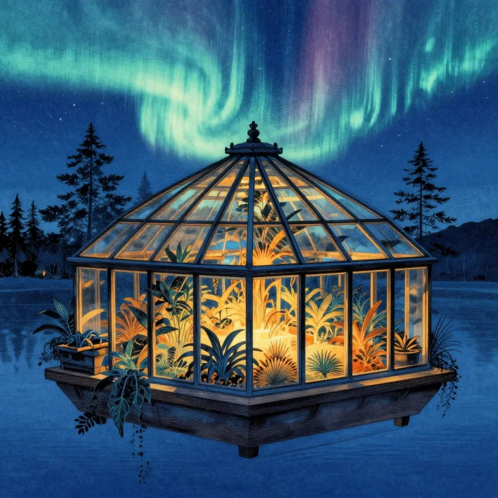 a floating botanical conservatory beneath an aurora, Japanese woodblock-inspired editorial art, crisp material detail, c