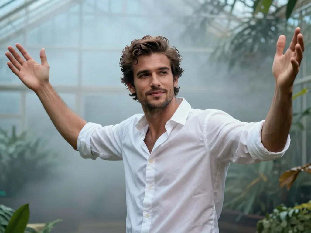 a handsome man in a rolled-sleeve white shirt in a bold, open-armed welcome, in a greenhouse humid with mist, bold Helmu