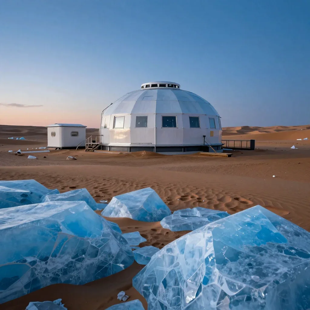 a desert research station at blue hour, dreamlike fine-art landscape photography, crisp material detail, ice blue and warm cedar palette, no people, no text, no logo, no watermark
