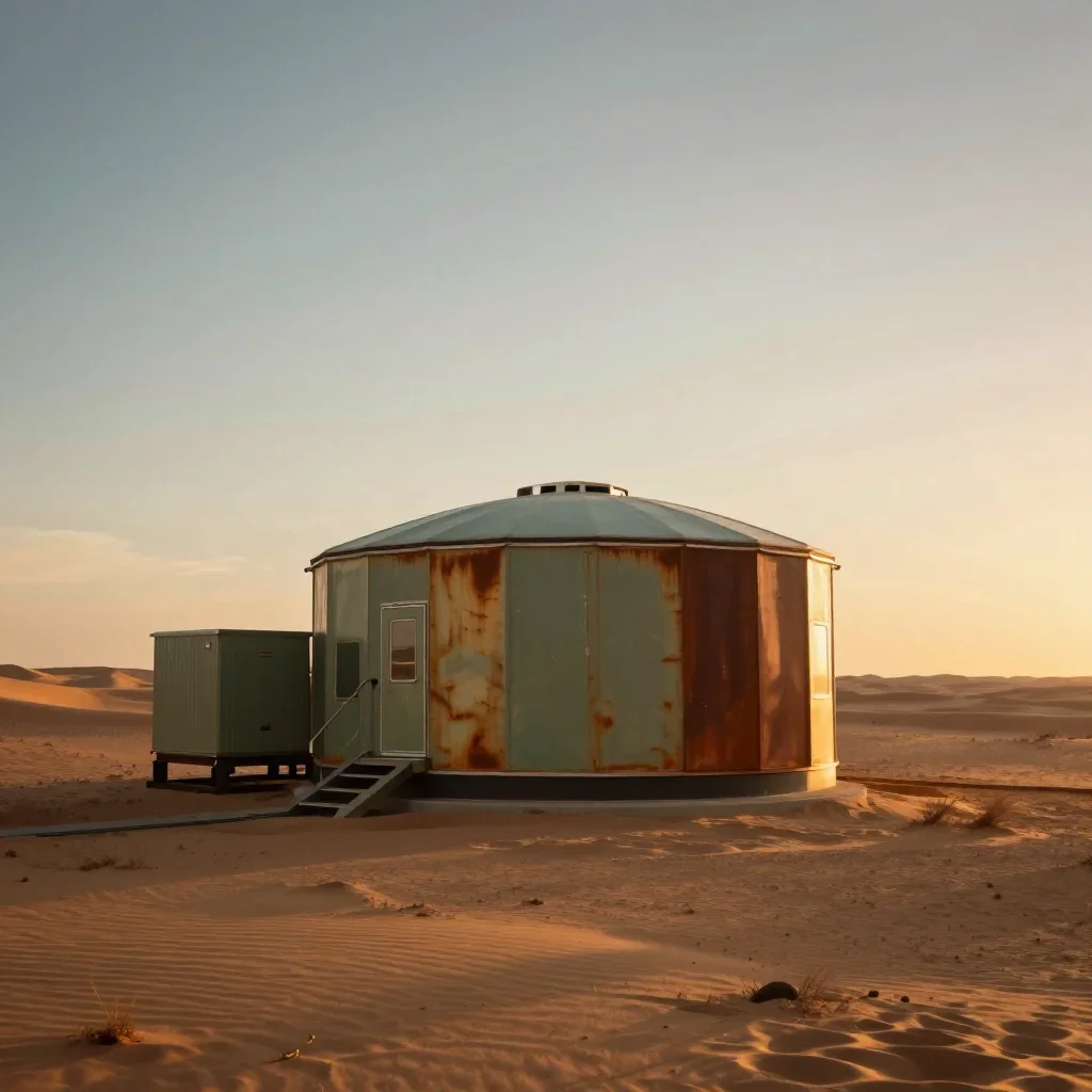 a desert research station during golden hour, high-end design magazine photography, soft volumetric light, rust and sage