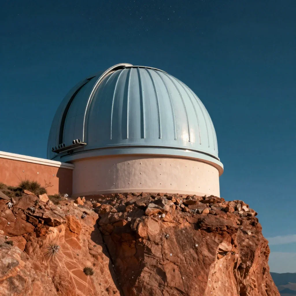 a cliffside observatory beneath a star-filled sky, cinematic architectural photography, crisp material detail, terracott
