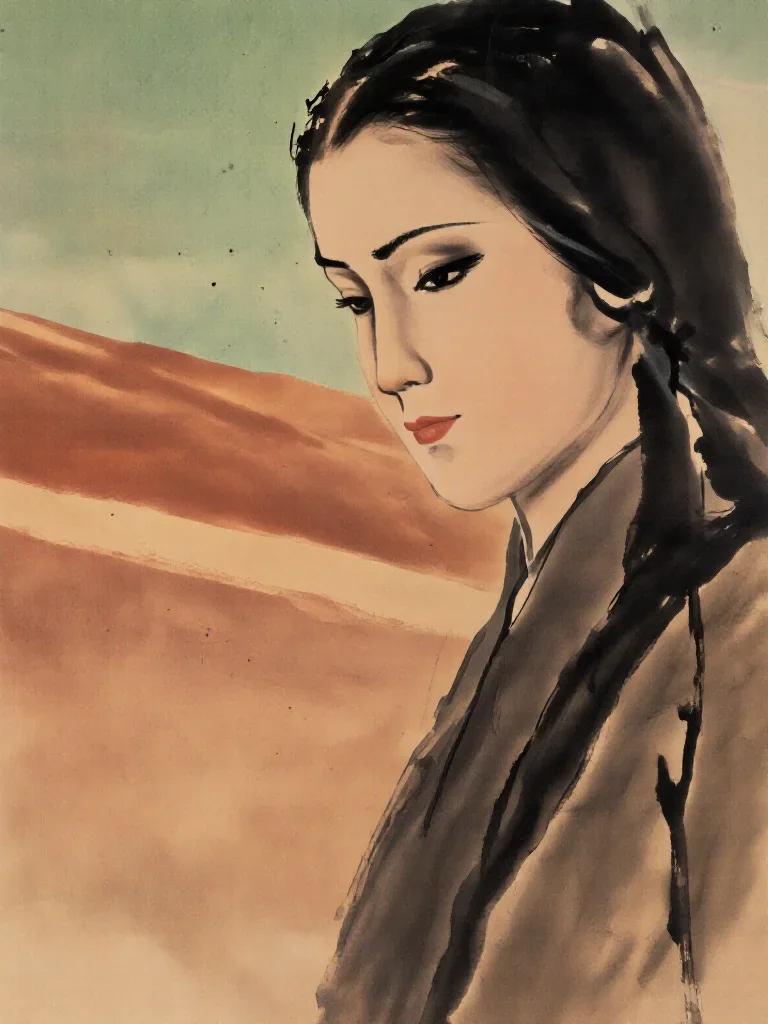 a spectral fox-spirit woman in an ink wash in a coy glance from under lowered lashes, in a silent desert at twilight, Wo