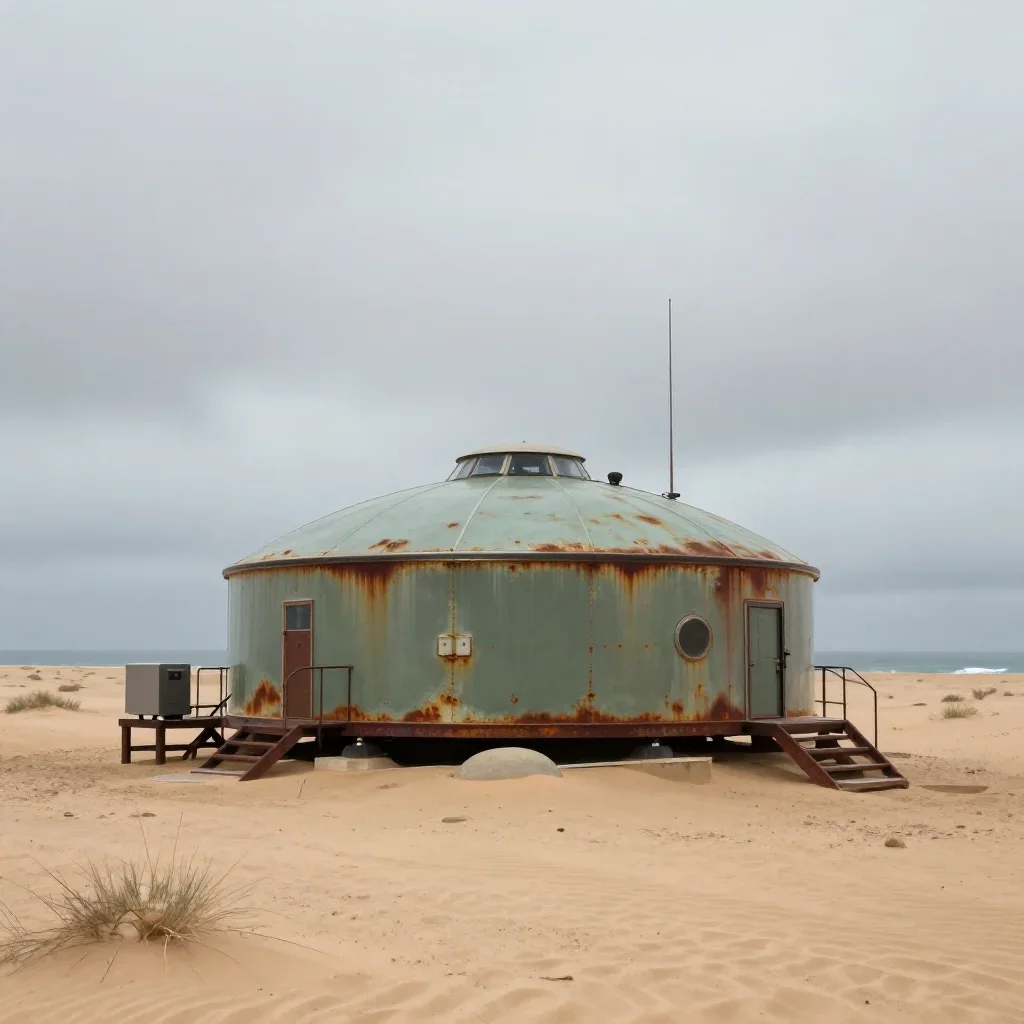 a desert research station under overcast coastal light, quiet science-fiction concept art, crisp material detail, rust a