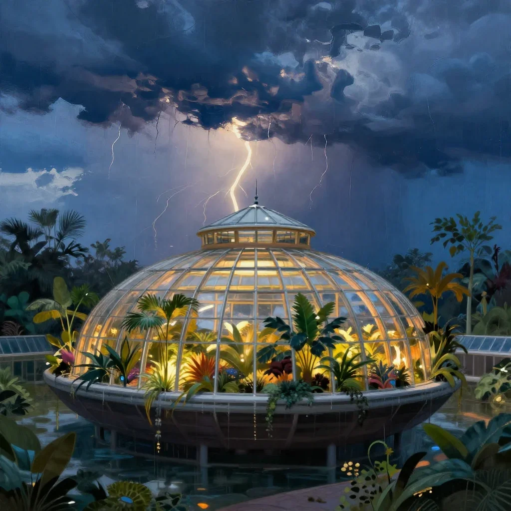 a floating botanical conservatory after a distant thunderstorm, contemporary botanical illustration, atmospheric depth,