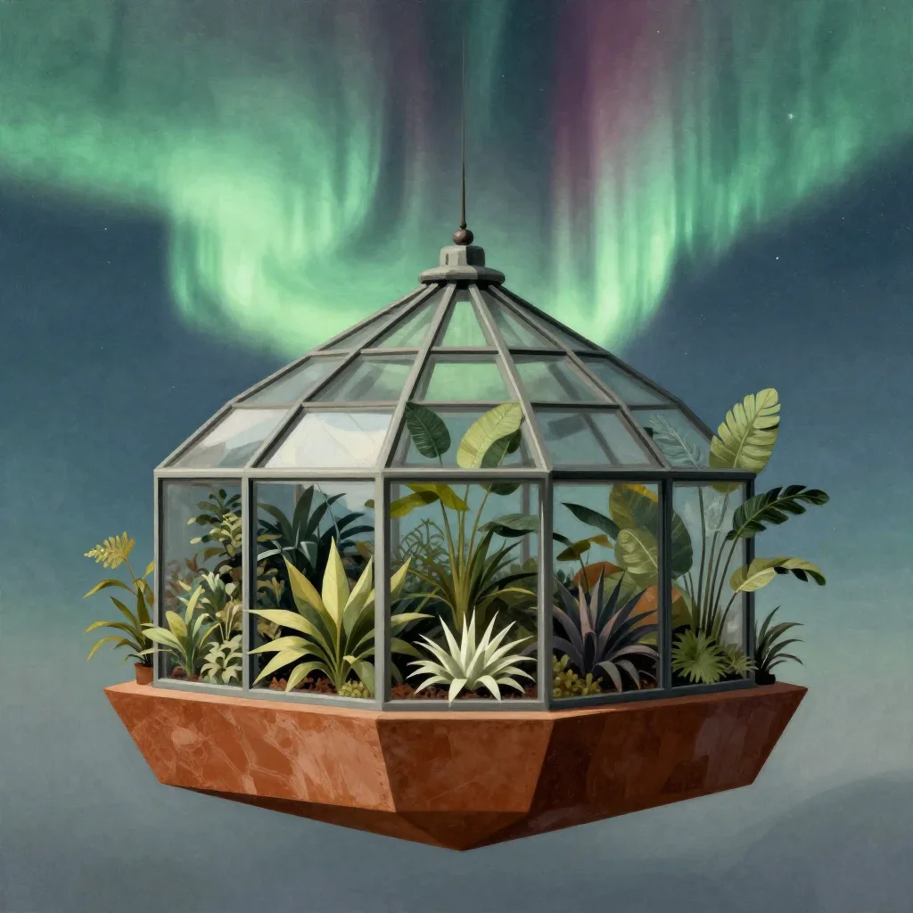 a floating botanical conservatory beneath an aurora, contemporary botanical illustration, careful geometric composition,
