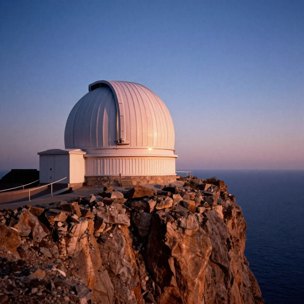 a cliffside observatory at blue hour, soft-grain analog film photography, soft volumetric light, ochre and ultramarine p