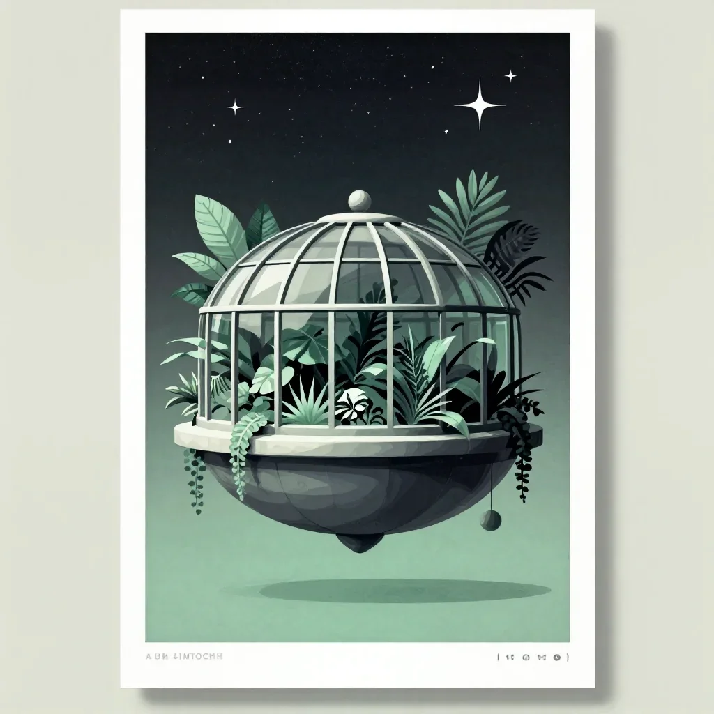 a floating botanical conservatory beneath a star-filled sky, modernist poster illustration, calm negative space, jade an