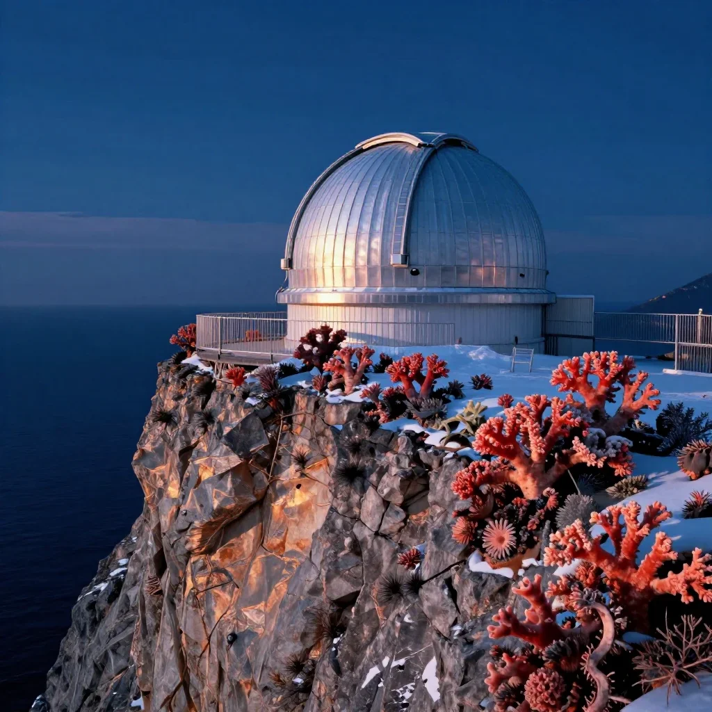 a cliffside observatory in crisp winter sunlight, dreamlike fine-art landscape photography, gentle reflected light, cora