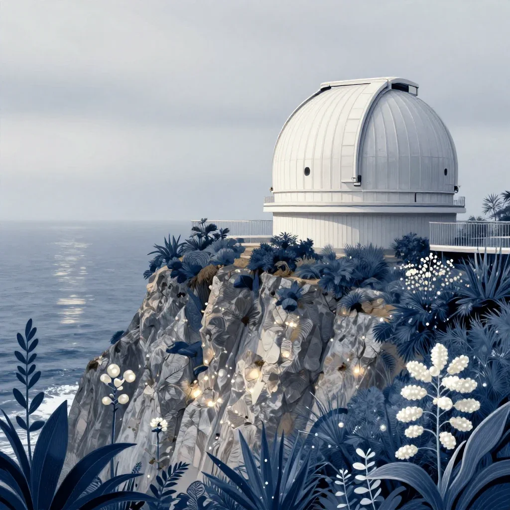 a cliffside observatory under overcast coastal light, contemporary botanical illustration, gentle reflected light, indig