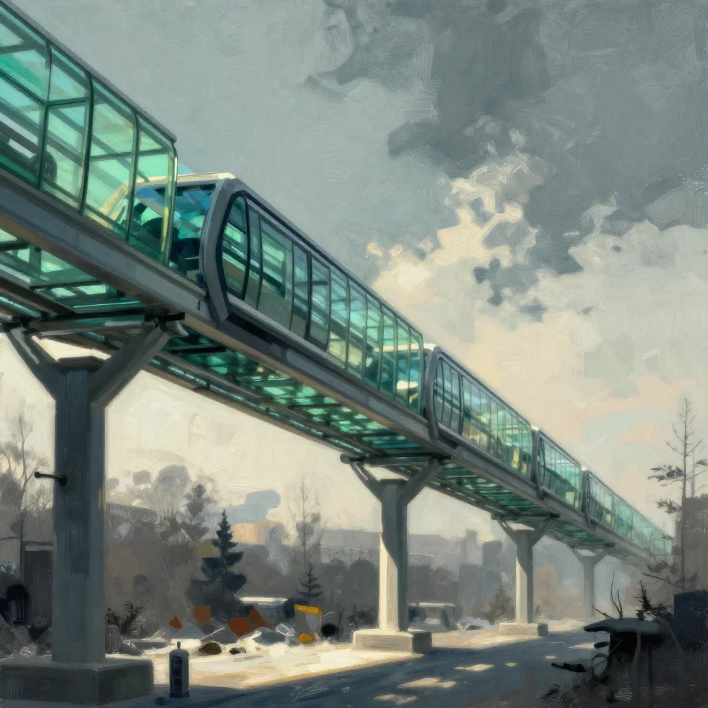 a glass monorail in crisp winter sunlight, modernist poster illustration, atmospheric depth, jade and charcoal palette,