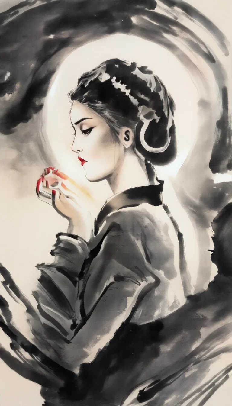 a spectral fox-spirit woman in an ink wash mid-turn with fabric catching the light, in a smoke-lit photo studio, neo-noi