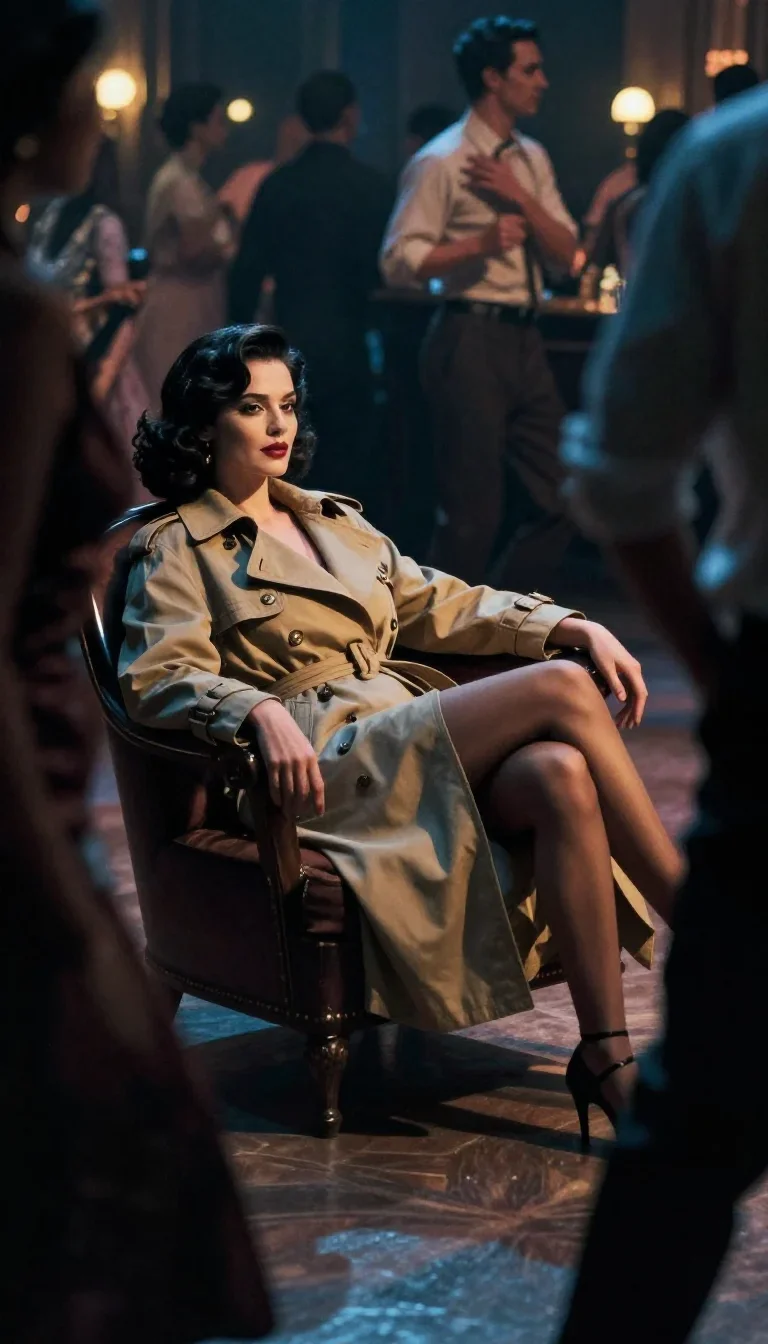 a noir detective's femme fatal muse in a trench coat reclining elegantly on a chaise, on a midnight dance floor, soft-gr