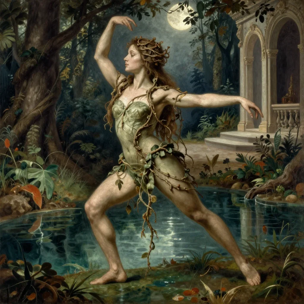 a dryad with vine-woven hair in a forest pool in a graceful contrapposto pose, in a moonlit palace courtyard, Renaissanc
