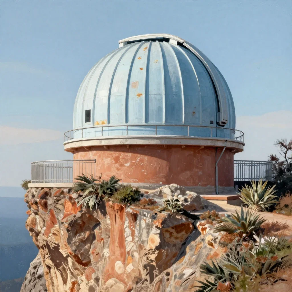 a cliffside observatory in crisp winter sunlight, contemporary botanical illustration, weathered tactile surfaces, terra