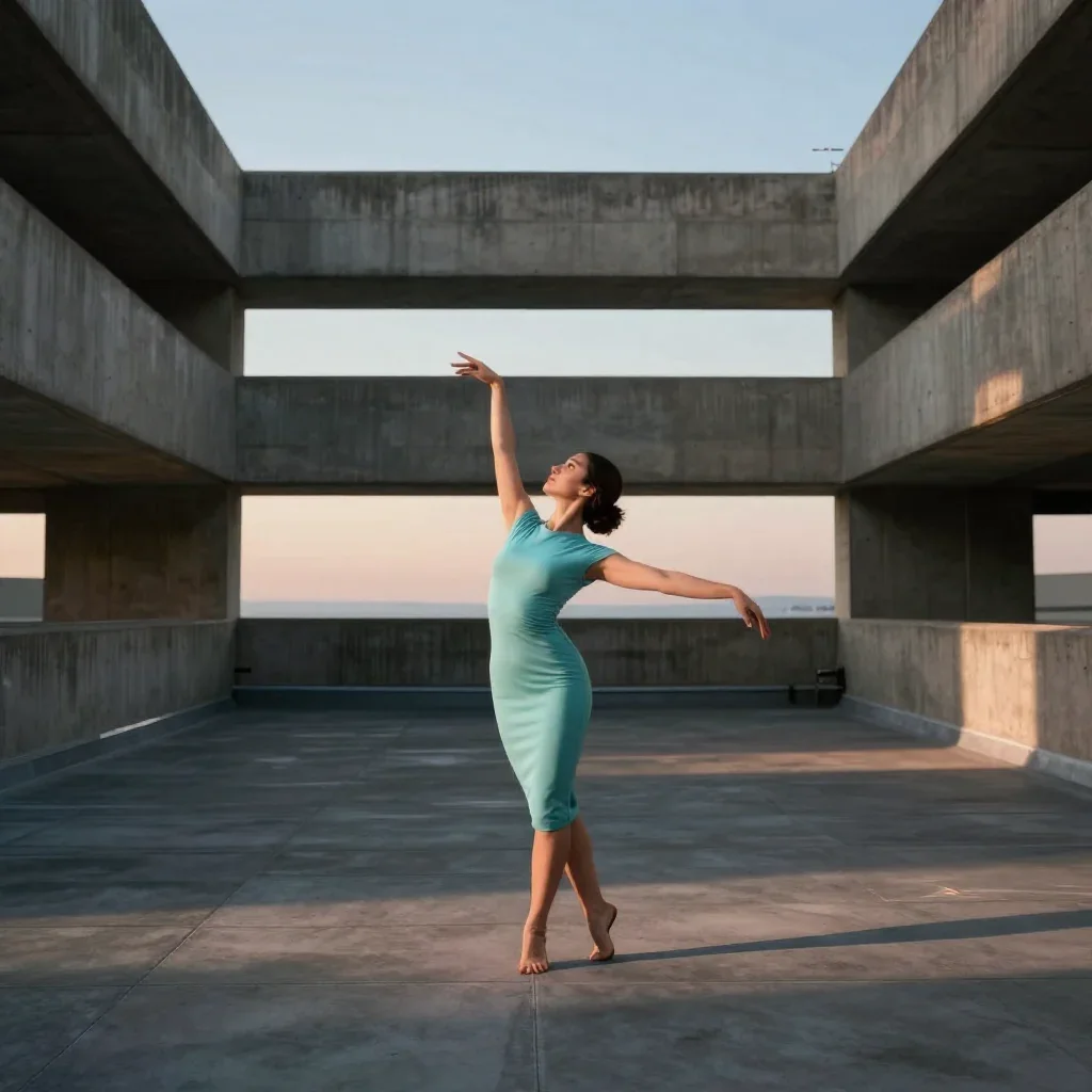 a muse on a rooftop at dusk in a body-con dress in a graceful contrapposto pose, in a brutalist concrete atrium, Nationa