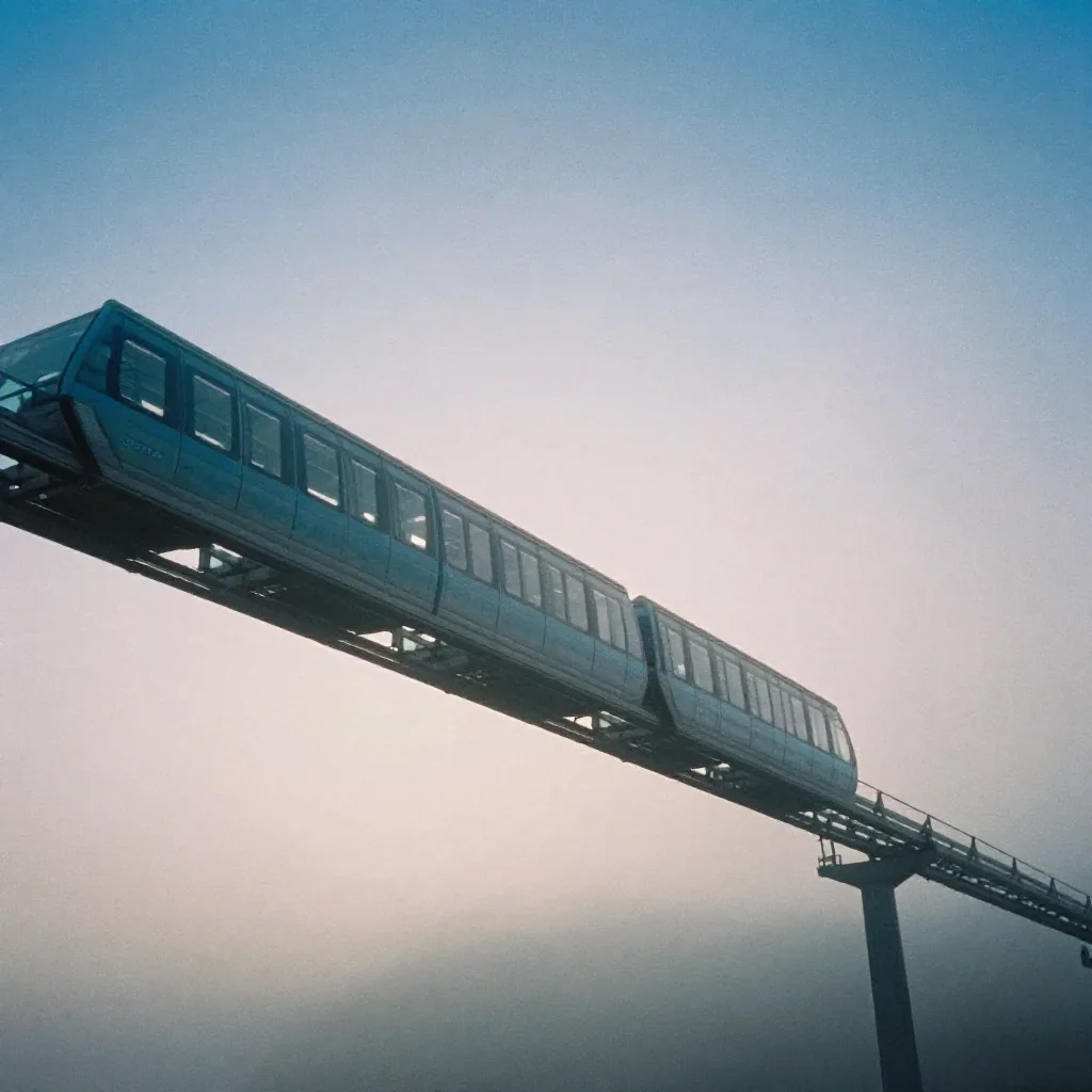 a glass monorail under soft dawn fog, soft-grain analog film photography, soft volumetric light, cobalt and amber palett