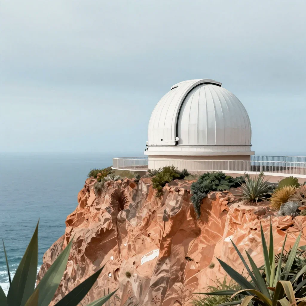 a cliffside observatory under overcast coastal light, contemporary botanical illustration, gentle reflected light, terra