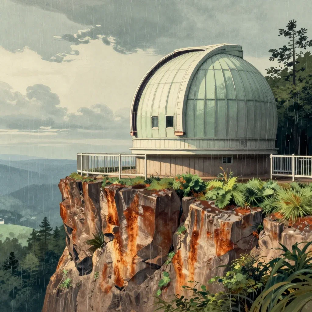 a cliffside observatory after warm summer rain, Japanese woodblock-inspired editorial art, clean natural textures, rust